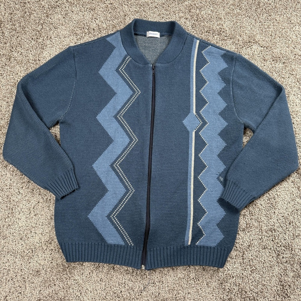VTG Damart Mens L Blue Full Zip Knit Sweater‎ Grandpa Old Money Dark Academia